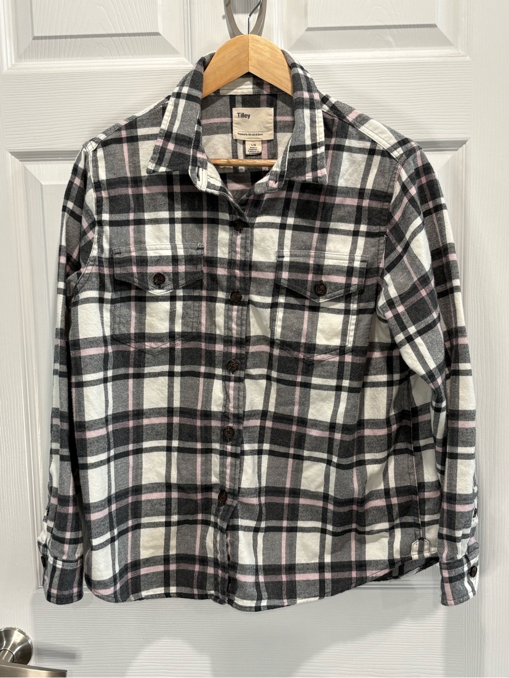 Tilly Plaid Cotton Flannel Button Down Shirt, Pink Grey, Size L